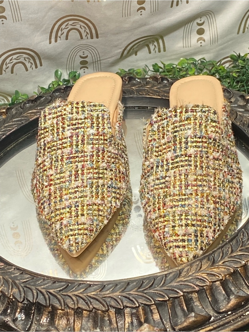 Pointed-Toe Tweed Slip-On Mules - Multi